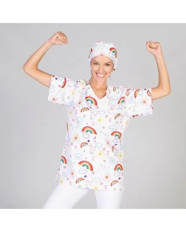 CASACA SANITARIA ARCOIRIS FRENTE MODELO MUJER