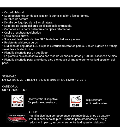 ZAPATILLA ESD ANTIDESLIZANTE MUJERES SKECHERS Ficha técnica