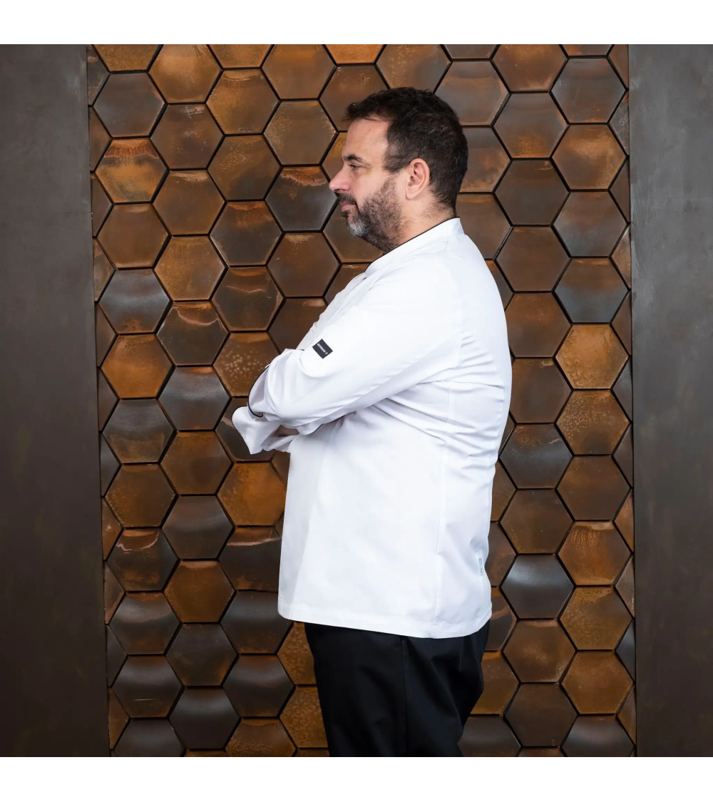 CHAQUETA CHEF CRUZADA CON VIVOS BLANCA FRENTE