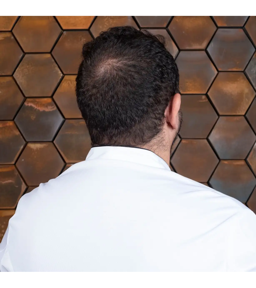 CHAQUETA CHEF CRUZADA CON VIVOS BLANCA FRENTE