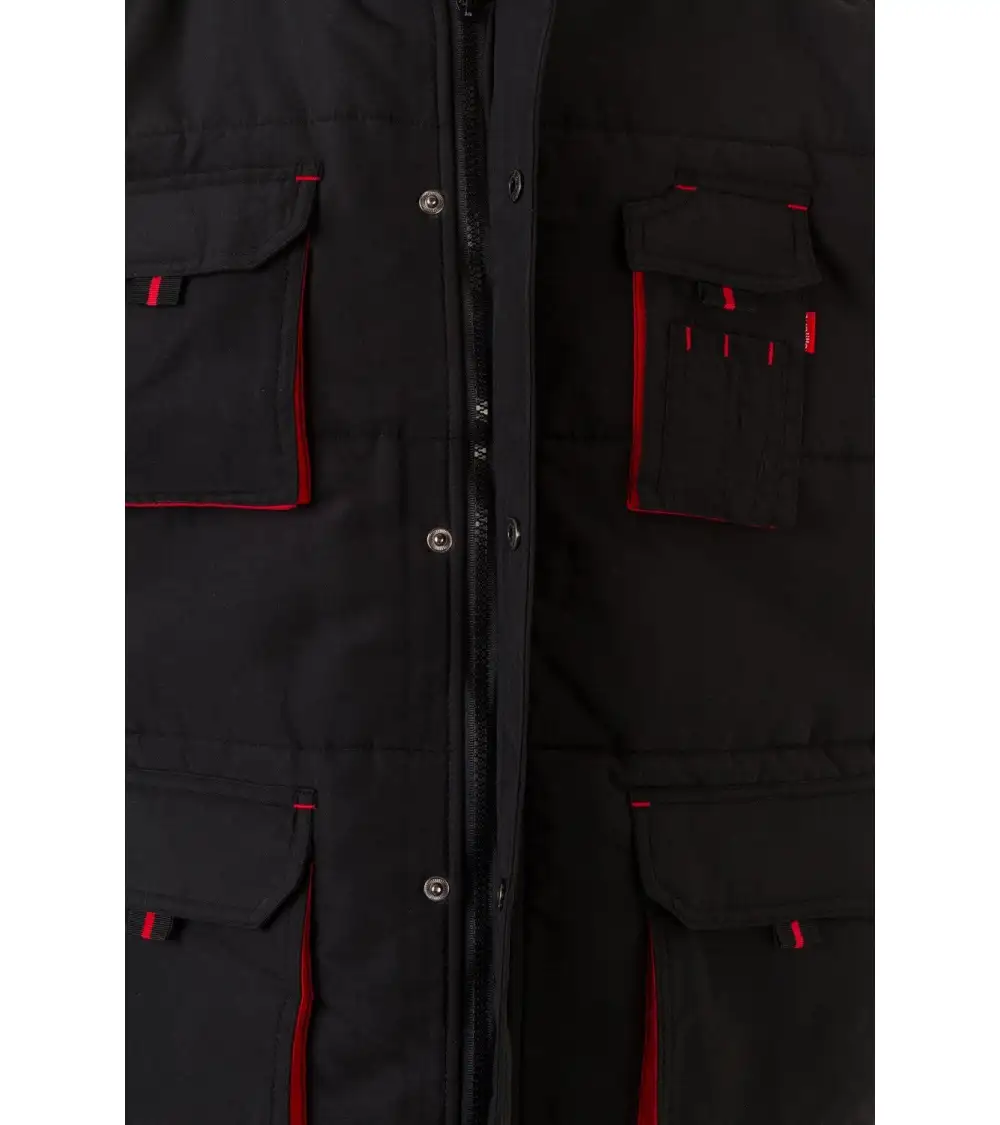 CHALECO INDUSTRIA BICOLOR MULTIBOLSILLOS NEGRO ROJO FRENTE