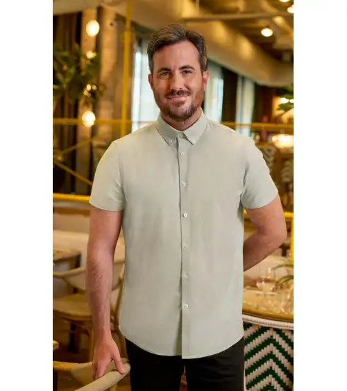 CAMISA OXFORD MANGA CORTA STRETCH VERDE OLIVA FRENTE
