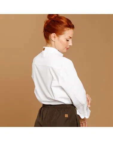 CHAQUETILLA COCINA MUJER MICROFIBRA CUELLO MAO BLANCA ESPALDA