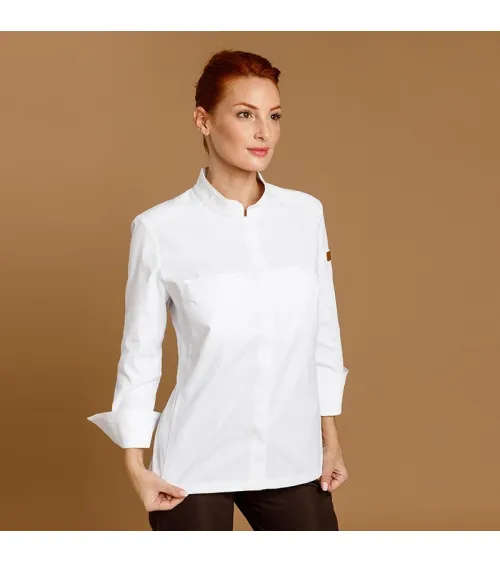 CHAQUETILLA COCINA MUJER MICROFIBRA CUELLO MAO BLANCA FRENTE