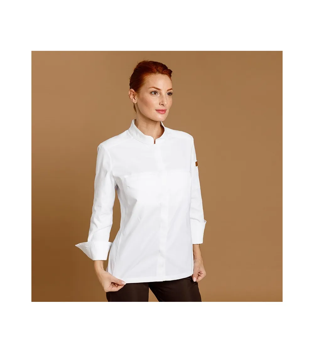 CHAQUETILLA COCINA MUJER MICROFIBRA CUELLO MAO BLANCA FRENTE