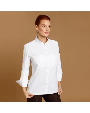 CHAQUETILLA COCINA MUJER MICROFIBRA CUELLO MAO BLANCA FRENTE