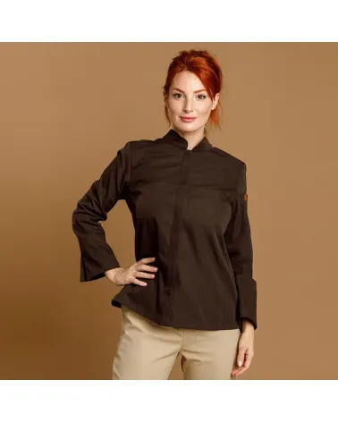 CHAQUETILLA COCINA MUJER MICROFIBRA CUELLO MAO MARRON FRENTE