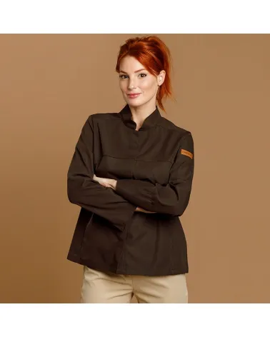 CHAQUETILLA COCINA MUJER MICROFIBRA CUELLO MAO MARRON DETALLE