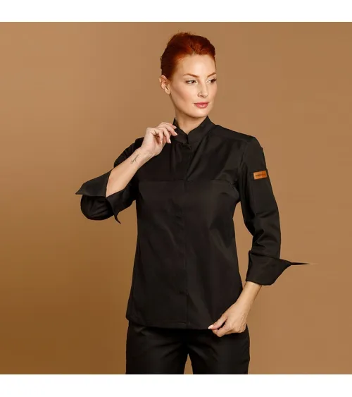 CHAQUETILLA COCINA MUJER MICROFIBRA CUELLO MAO BLANCA FRENTE
