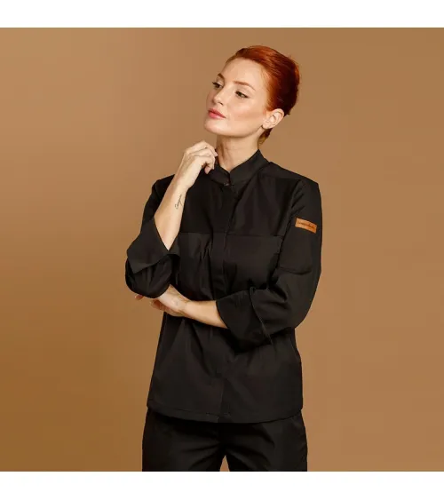 CHAQUETILLA COCINA MUJER MICROFIBRA CUELLO MAO BLANCA FRENTE