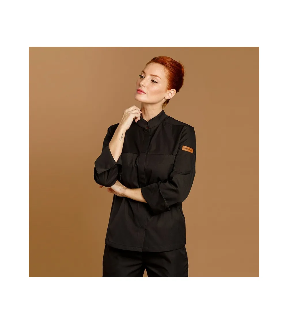 CHAQUETILLA COCINA MUJER MICROFIBRA CUELLO MAO BLANCA FRENTE