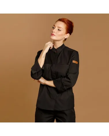 CHAQUETILLA COCINA MUJER MICROFIBRA CUELLO MAO NEGRO FRENTE