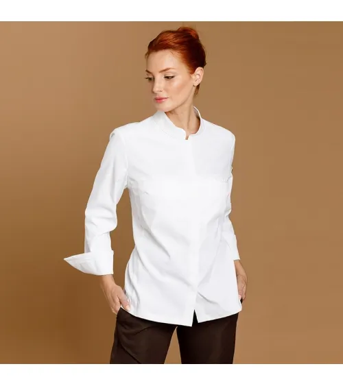 CHAQUETILLA COCINA MUJER MICROFIBRA CUELLO MAO BLANCA FRENTE