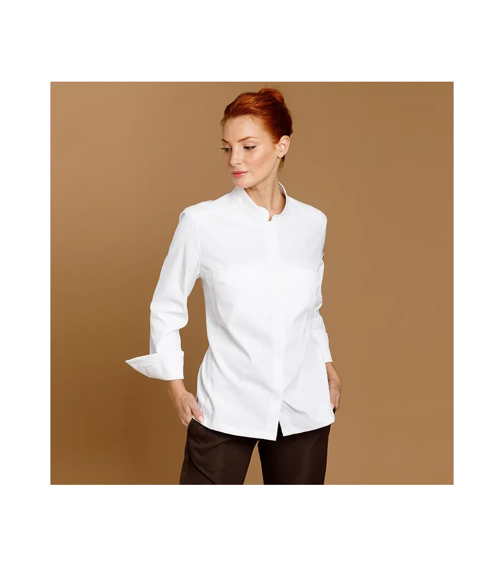 CHAQUETILLA COCINA MUJER MICROFIBRA CUELLO MAO BLANCA FRENTE