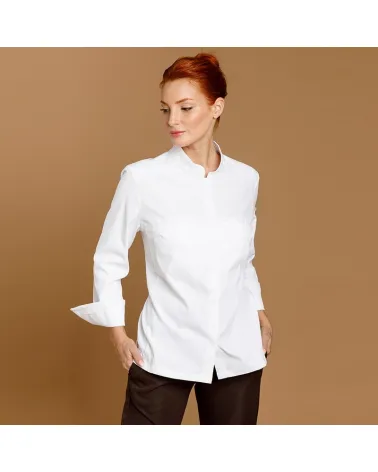 CHAQUETILLA COCINA MUJER MICROFIBRA CUELLO MAO BLANCA MODELO