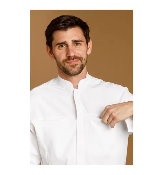 CHAQUETILLA COCINA HOMBRE MICROFIBRA CUELLO MAO BLANCA FRENTE