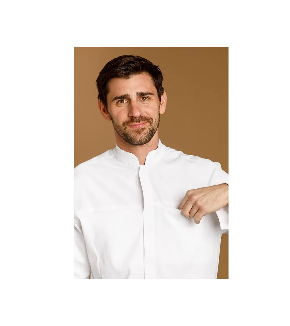 CHAQUETILLA COCINA HOMBRE MICROFIBRA CUELLO MAO BLANCA FRENTE