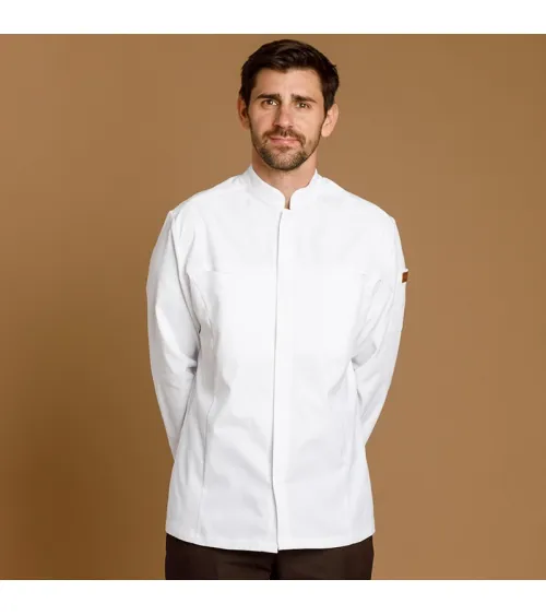 CHAQUETILLA COCINA HOMBRE MICROFIBRA CUELLO MAO BLANCA FRENTE