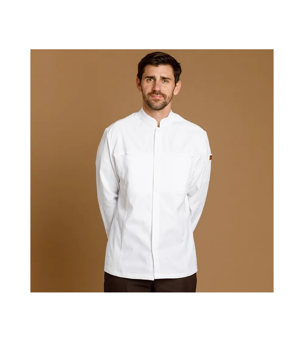 CHAQUETILLA COCINA HOMBRE MICROFIBRA CUELLO MAO BLANCA FRENTE