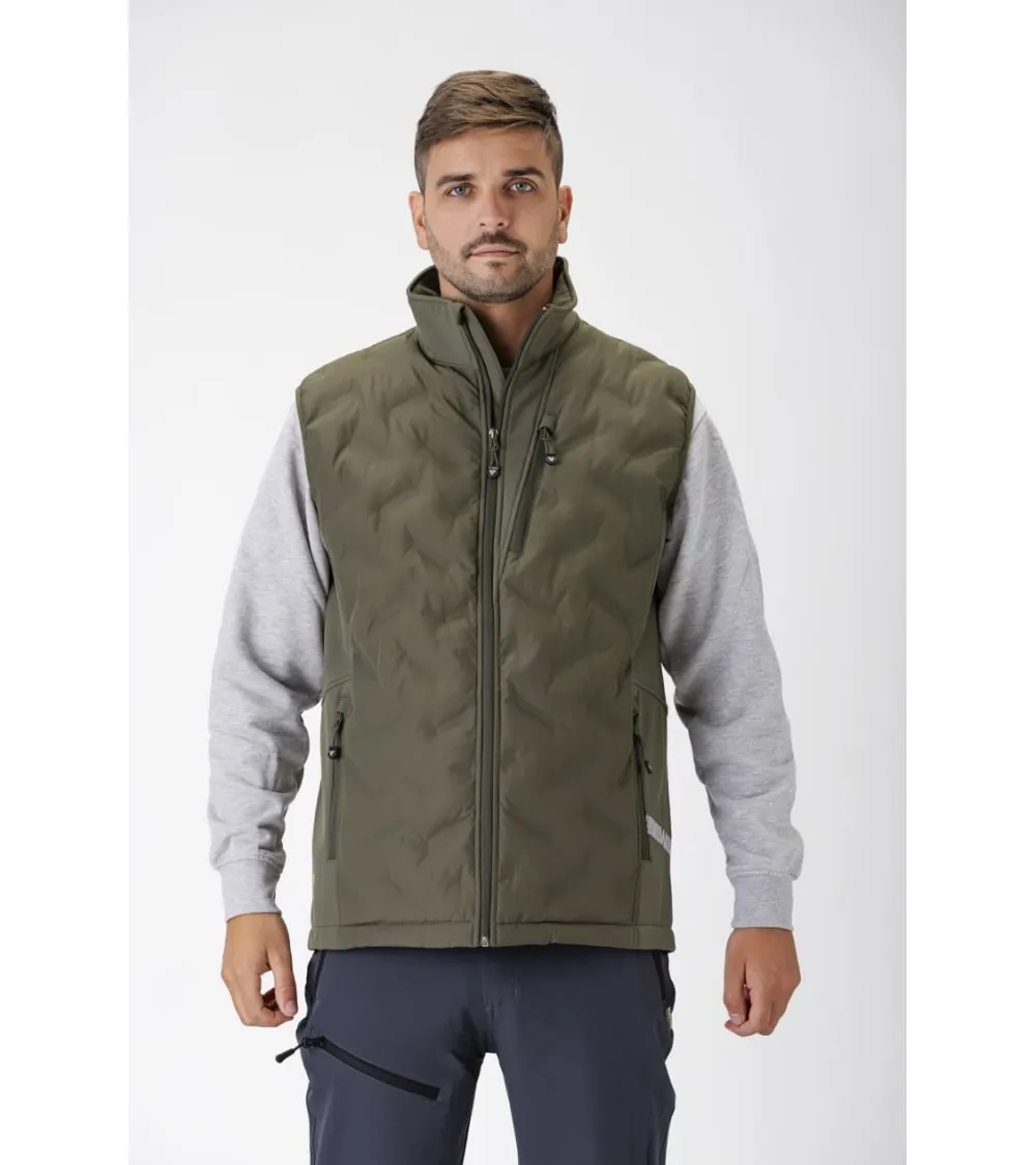 CHALECO WORKSHELL ELÁSTICA ACOLCHADA VERDE CAZA FORRO