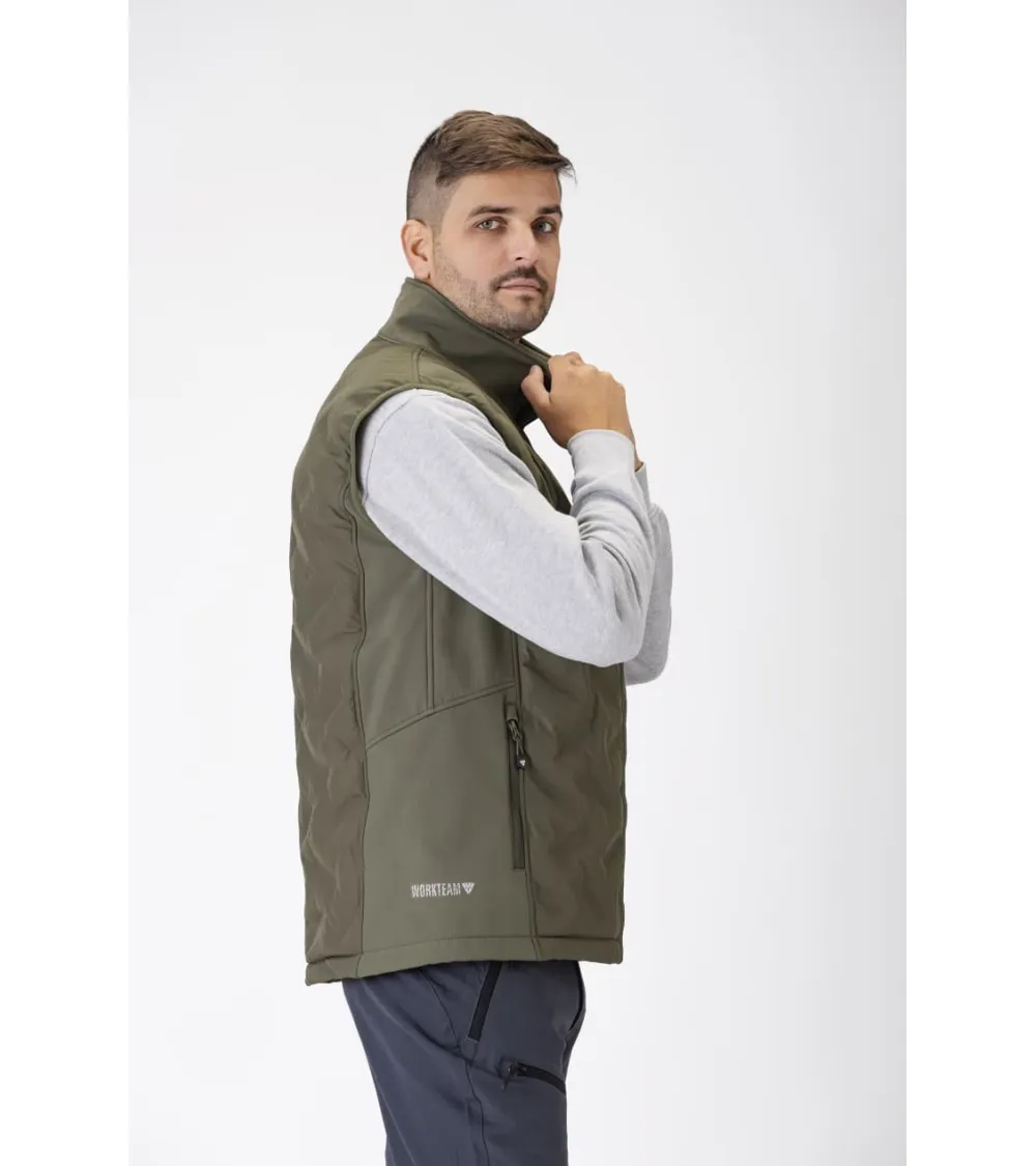 CHALECO WORKSHELL ELÁSTICA ACOLCHADA VERDE CAZA FORRO