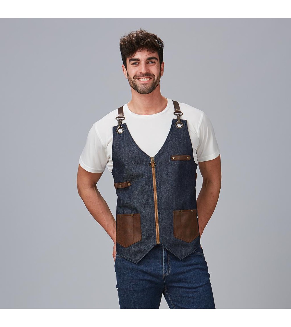 CHALECO PROFESIONAL VAQUERO Y PIEL RECICLADA ESTILO BARBERO