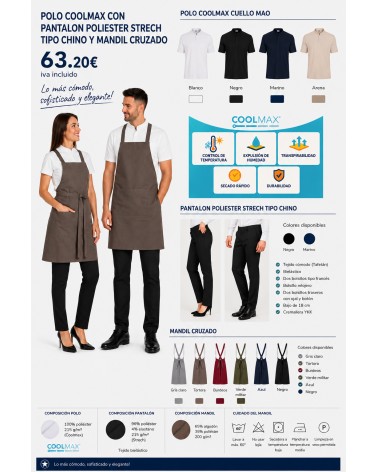Pack uniforme hostelería: polo Coolmax + pantalón chino + mandil